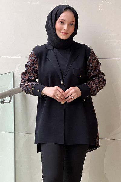 Ghisa Double Breasted Collar, Knitted Front, Sleeves and Satin Patterned Jacket at the Back