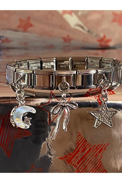 bijoux uniques 3-Piece Steel Italian Charm Bracelet with Moon&Star&Ribbon Figure