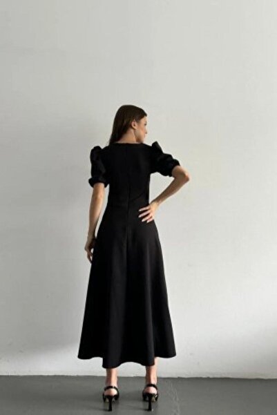 DÖPİYES Balon Kol Rahat Kesim Midi Krep Elbise