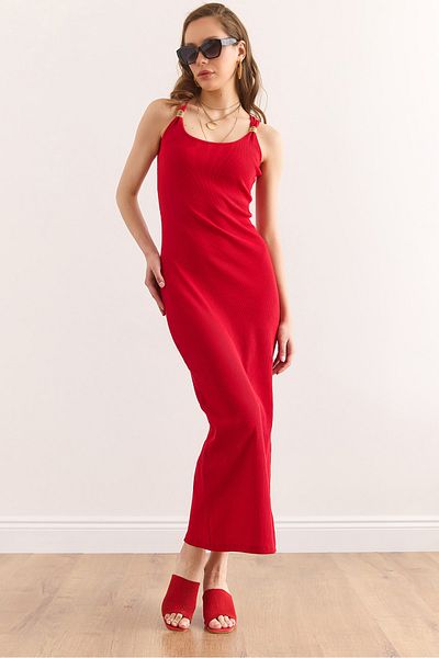 Olalook Women's Red Garnished Slit Cotton Stretchy Knitted Dress Elb-19002403