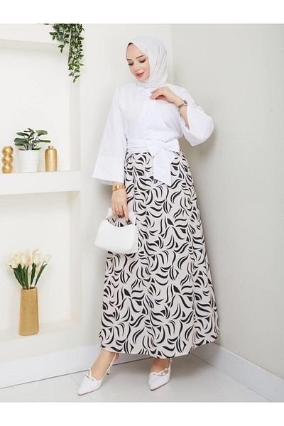 moda periy Women's Summer Seasonal Style Side Tie Tunic Patterned Skirt Suit Hijab Combination