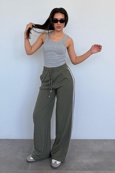 Madmext Khaki Stripe Detailed Wide Leg Women's Trousers Mg2441