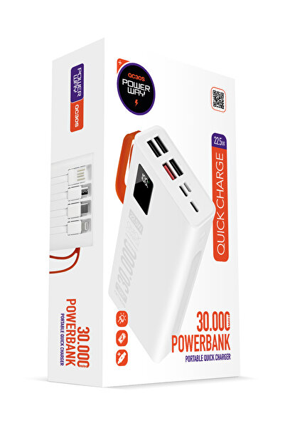 POWERWAY 30.000 Mah Pd 22.5W Dahili Kablolu Hızlı Şarj Led Fener Gerçek 30.00...