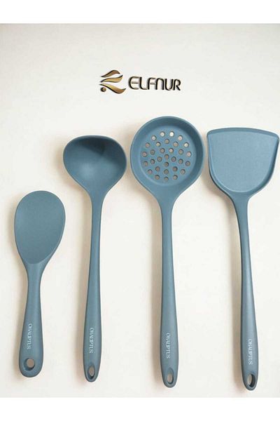 elfnur Hard Tip Heat Resistant Silicone Colander Spatula Ladle Spoon Set 4Pcs Black