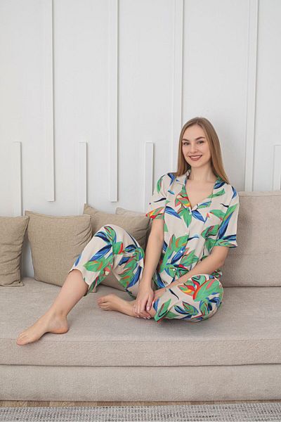 Asel Women's Woven Belmando Short Sleeve Long Pantalon Pajama Set with Pockets