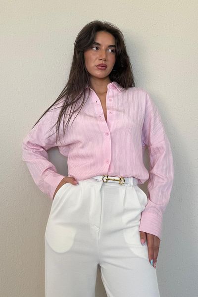 Madmext Pink Long Sleeve Striped Oversize Shirt Mg2080