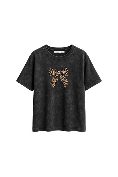 Sekizbiraltı Bow Printed Relaxed Fit Washable Black Women's Tshirt