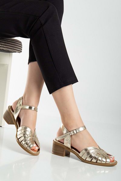 ANALİN SHOES Women's Genuine Leather Ankle Sandals - Gold