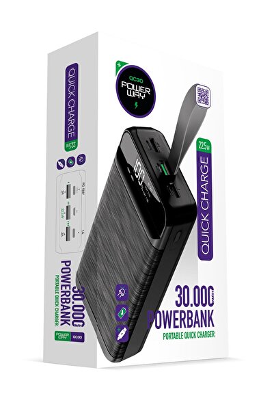 POWERWAY 30.000 mAh PD 22.5 W Hızlı Şarj Gerçek 30.000 mAh Garantili Led Fene...