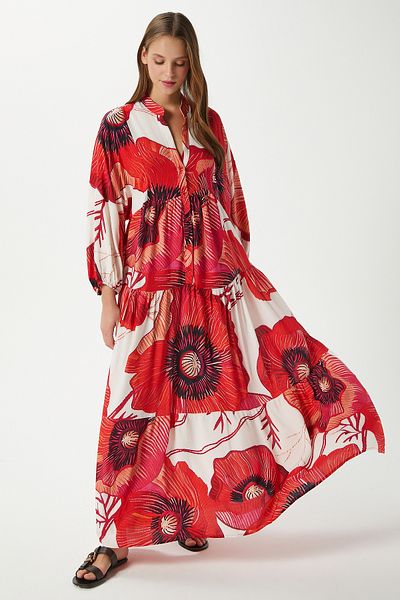 Ritnice Modest Women's Catina Red Floral 100% Viscose Maxi Length Summer Dress