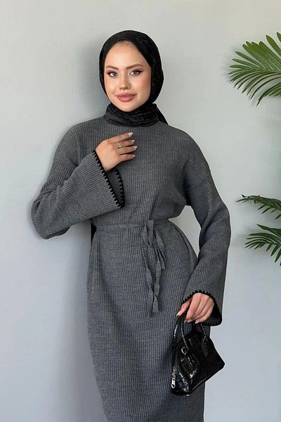 NZL TEKSTİL Dgn's Stitching Detail-Belt Band Tricot Dress