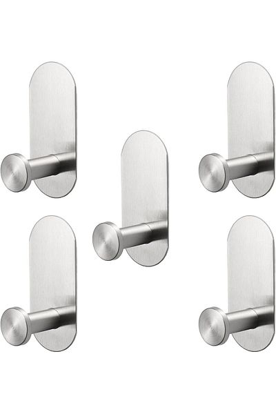 DELPI Set 5 Carlige tip Cuier, pentru Baie sau Bucatarie, Autoadezive, Inox