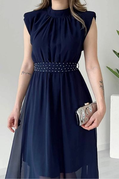 Neşeli Butik Women's Cummerbund Stone Detailed Midi Chiffon Dress Nbmy3509