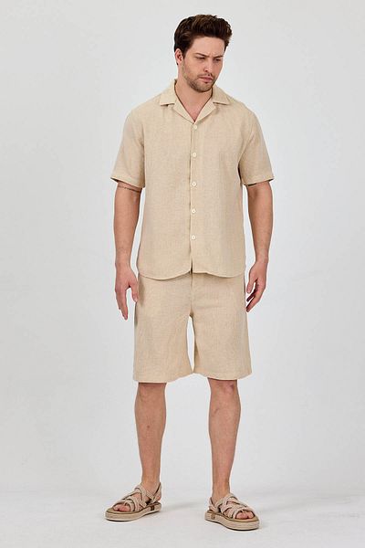 Cosplay Men's Beige Linen Look Summer Shorts Suit - Shirt & Shorts Two-Piece Combination