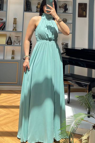 Neşeli Butik rochie lungă din șifon, cu decolteu, cu fante, pentru femei NBNY3737