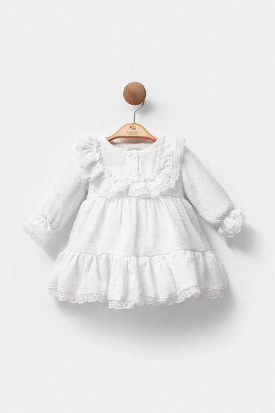 Cassiope Lace Detailed Long Sleeve Muslin Cotton Ruffled Elegant Eid Baby Girl Dress