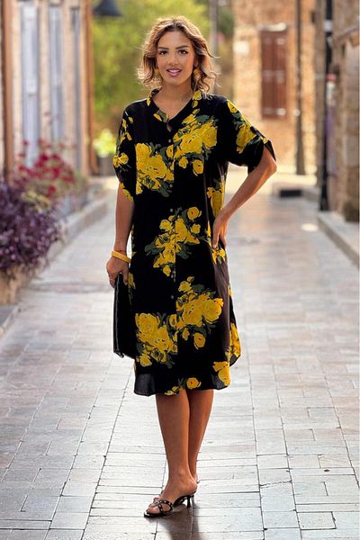 Nevin Kaya Moda Rochie cămașă cu model trandafir galben negru de lungime midi