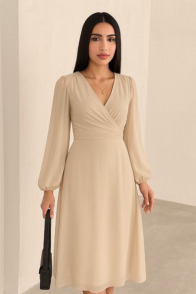 Neşeli Butik Women's Beige Lined Chiffon Dress Nbk30281