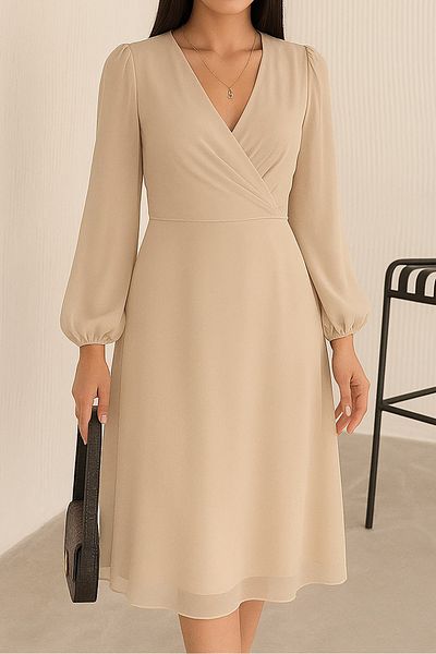 Neşeli Butik Women's Beige Lined Chiffon Dress Nbk30281