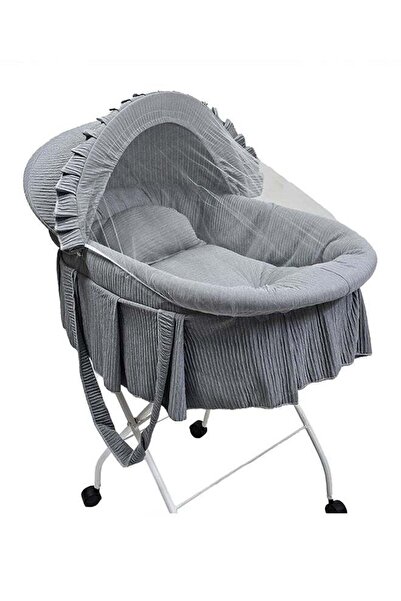 BabyCara Cradle Cotton Fabric Newborn Baby Bed With Foldable Iron Stand With Mosquito Net Grey
