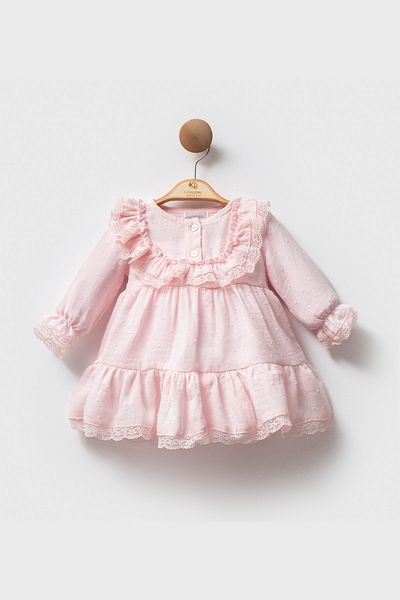 Cassiope Lace Detailed Long Sleeve Muslin Cotton Ruffled Elegant Eid Baby Girl Dress