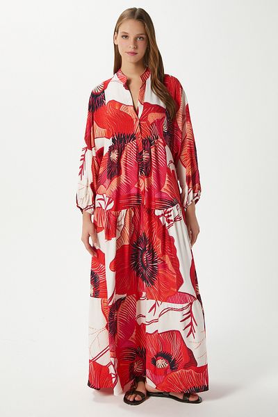 Ritnice Modest Women's Catina Red Floral 100% Viscose Maxi Length Summer Dress