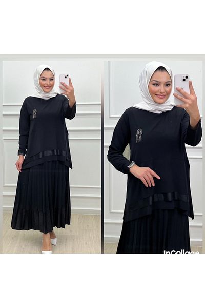 AKŞEN GİYİM Plus Size Suitable for Tester Sandy Fabric Skirt Tip Patterned Brooch Bottom Top Set