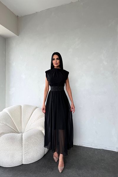 Neşeli Butik Women's Cummerbund Stone Detailed Midi Chiffon Dress Nbmy3509