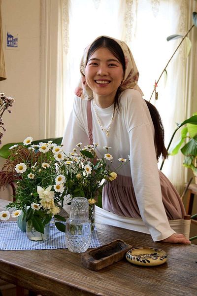 Ceylan Otantik Organic Linen Pink Flower Pattern Bandana