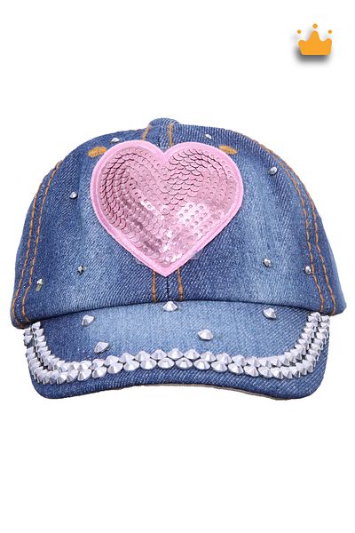 Kitti 2-5 Years 48cm Girl's Stoned Heart Denim Jeans Adjustable Velcro Hat Cap Blue Y91501