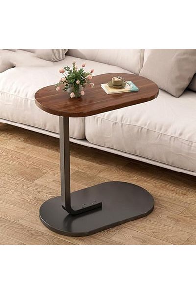 NEXIFY Small C Shaped End Table for Living Room and Small Spaces lnut (Wood) (Halzenut + Black Leg)