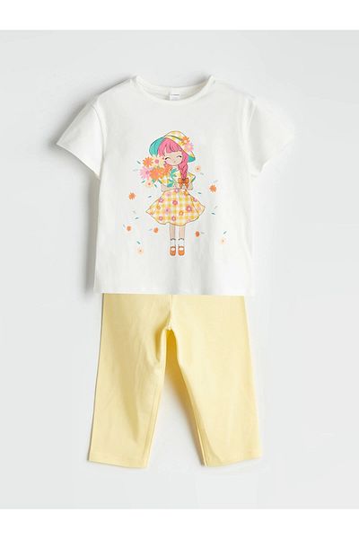 LC Waikiki Lcw Kids Ecru Combed Cotton Girls' T-Shirt and Leggings 2-Pack
