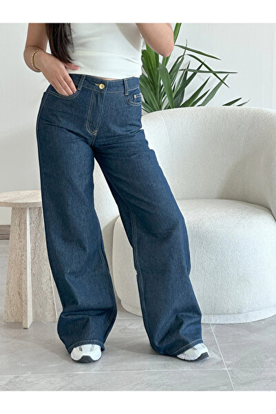 Kyra Studios 0015 بنطال جينز Palazzo واسع الساق باللون الأزرق الداكن