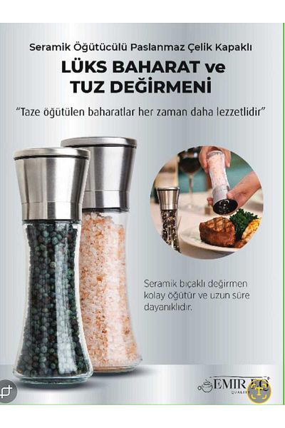 EMİR EQ QUALITY Spice & Salt Mill (2 Pieces-With Ceramic Grinder and Stainless Steel Lid-Glass Body)