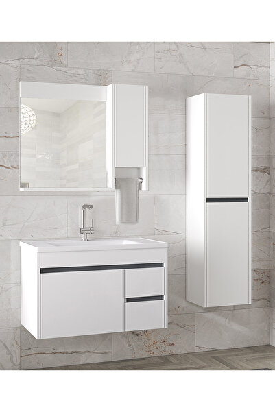 Alfa Banyo Viosen OA 80+35 cm Seramik Lavabolu Banyo dolabı seti, boy dolaplı, MDF, Hazır Kurulu-(80+35)
