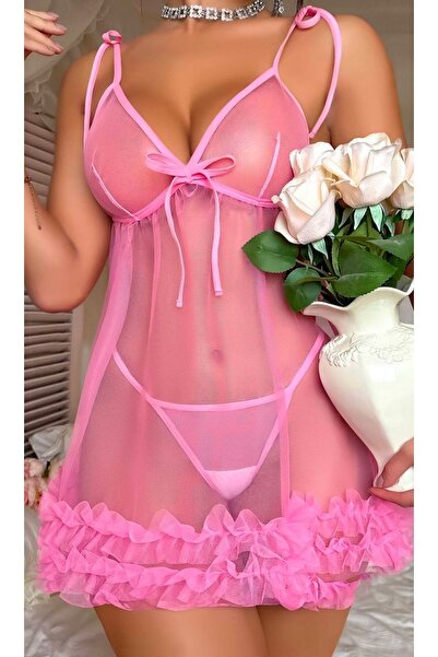 Bleu Petite İnce Askılı Transparan Tül Gecelik Tanga Takım