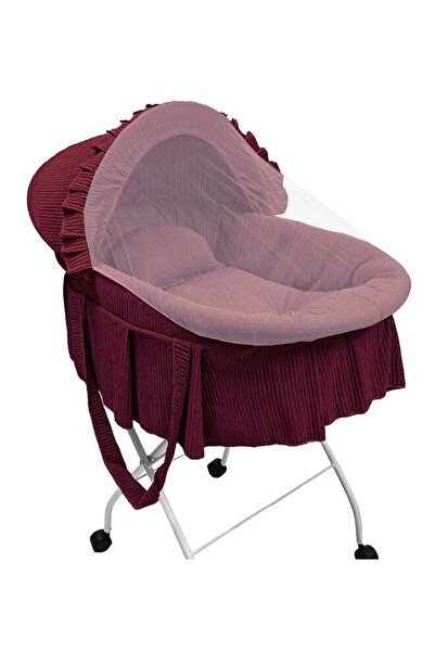 BabyCara سرير أطفال حديثي الولادة من قماش قطني مع حامل حديدي قابل للطي وناموسية باللون الأحمر