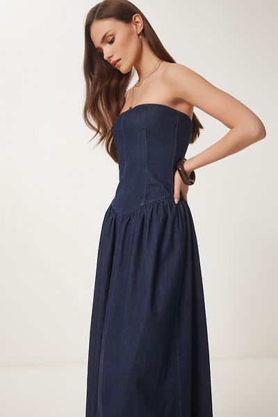 Lovelyİstanbul Rochie midi din denim fără bretele ALBASTRU ÎNCHIS LNS0039