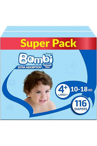 Sanita Bambi Sanita Bambi Diapers, Size 4+, Large+, 10-18 kg, Super Box, 116 Diapers