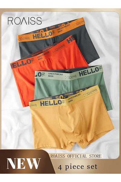 ROAISS Men's Boxers 4 Pack Set Trend Men's Teenage Boys Underwear Short Briefs High Elastic Classic Underwe