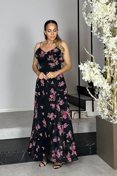 gesmoda G1423 Rochie din șifon cu bretele cu imprimeu floral negru