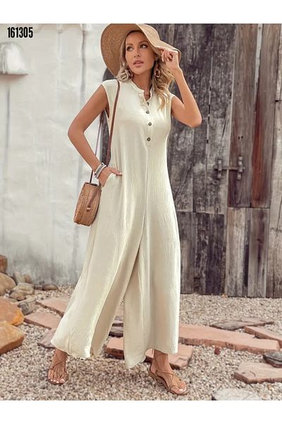 Modayakamoz Women's Wrinkled Long Jumpsuit, Short Sleeve, Buttoned Front to Leg, Wide Pockets