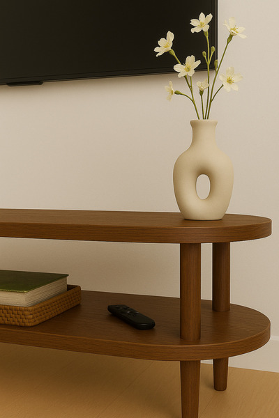 Trihome Kayın Masif Ahşap Oval TV Ünitesi -160x38cm – Modern 2 Katlı Raflı Tasarım Masif TV Ünitesi