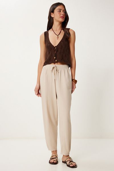 Lovelyİstanbul Striped Comfortable Linen Shalwar Trousers Cream Lmx0080