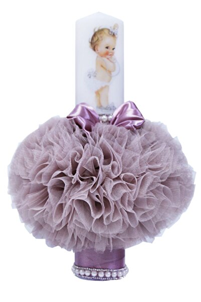 Recostore Lumanare roz pudrat inchis botez, cu bebe printesa a, 35x7 cm, REC76