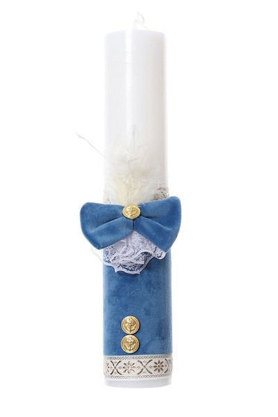 Recostore Lumanare botez catifea bleu si papion tip fundita, 35 cm, REC2178