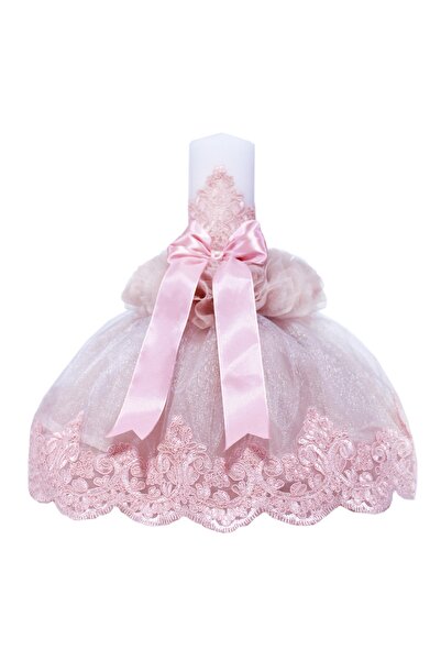 Recostore Lumanare cu funda roz botez si tulle roz pudrat, 45x7 cm, REC205