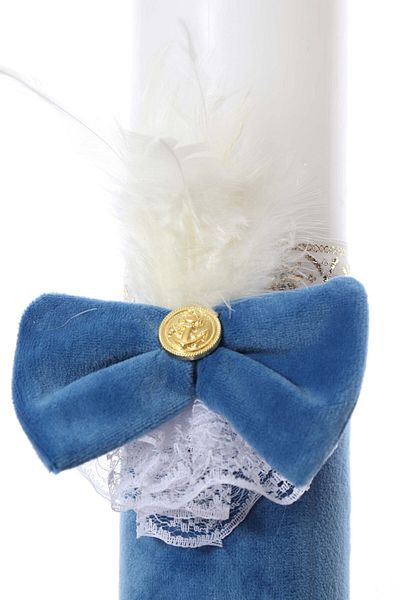 Recostore Lumanare botez catifea bleu si papion tip fundita, 35 cm, REC2178