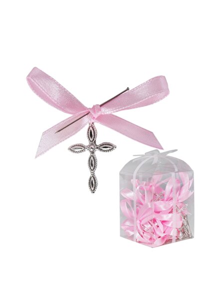 Recostore Set 20 marturii, cruciulite biserica din metal cu bolduri si cutiuta, funda roz, REC1968/46