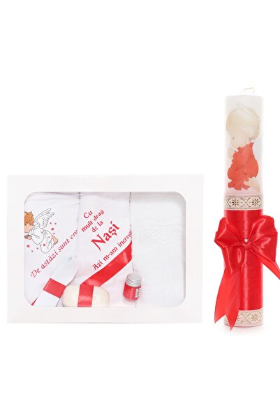 Recostore Set trusou si lumanare cu ingeras botez, alb-rosu, 7 piese,REC1752